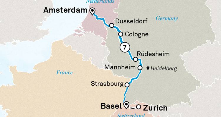 Cruise route map from Amsterdam through Cologne and Rüdesheim to Basel and Zurich