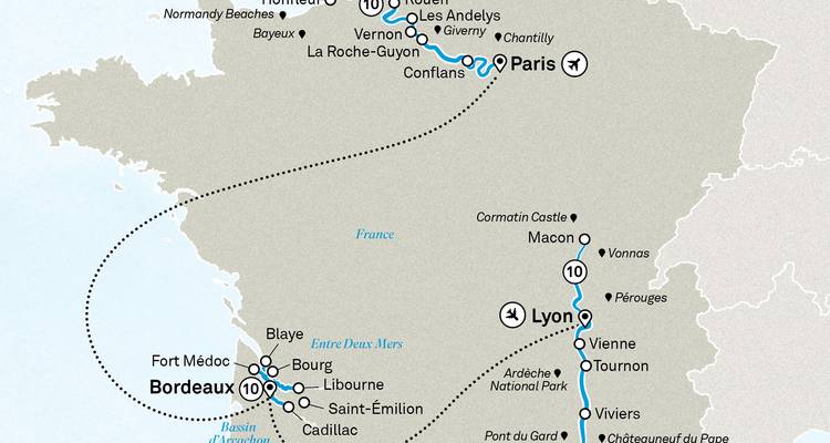 Map highlighting various travel routes and destinations in France.