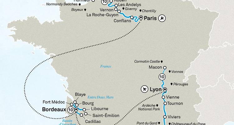 Map with Paris, Lyon, and Bordeaux travel routes in France.