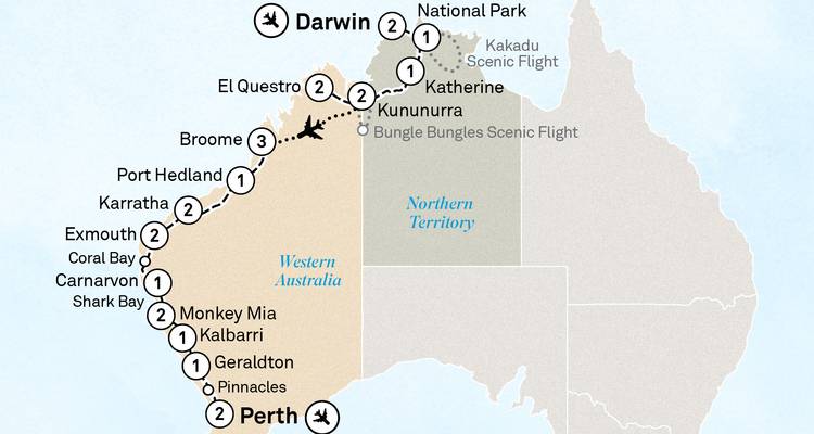 Une carte montrant un itinéraire de voyage impliquant diverses villes d'Australie.