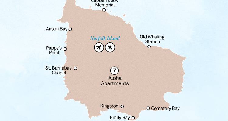 Un mapa que destaca varias ubicaciones y puntos de interés en la Isla Norfolk.