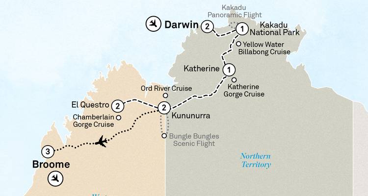 Map highlighting a travel route through parts of Australia.