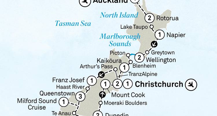 Mapa de Nueva Zelanda mostrando rutas y ubicaciones.