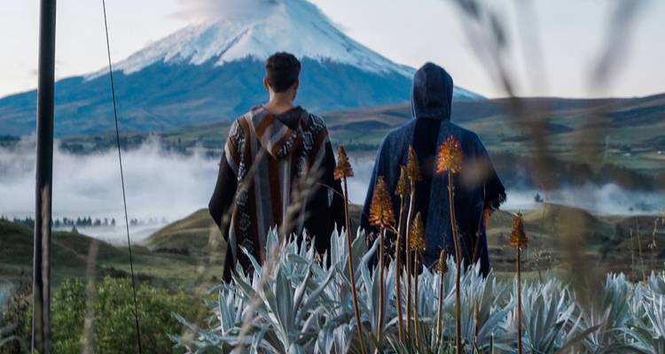 Deux personnes vêtues de ponchos observant une vue de montagne dans un paysage brumeux.