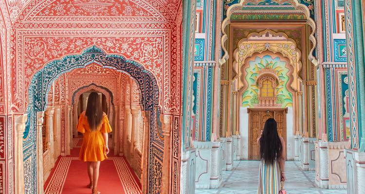 Colorful palace interiors with intricate architecture in Jaipur.