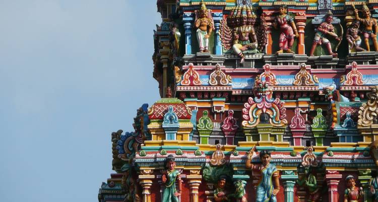 Colorful carvings on a South Indian temple gopuram.