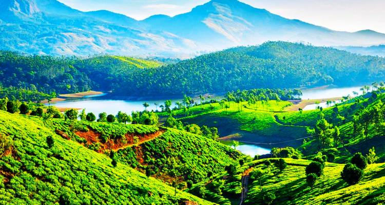 Vibrant green landscape with hills, river, and blue sky.