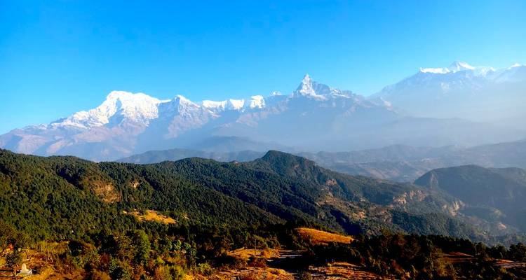 Scenic view of the Himalayas and lush hills.