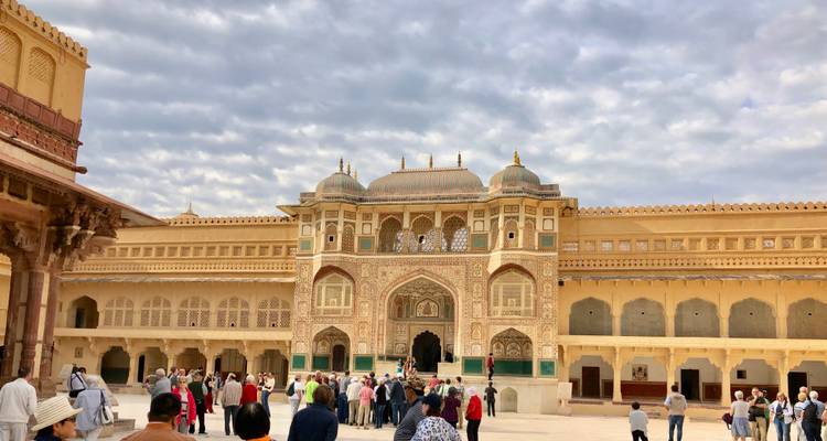 Courtyard of Amber Palace with visitors.