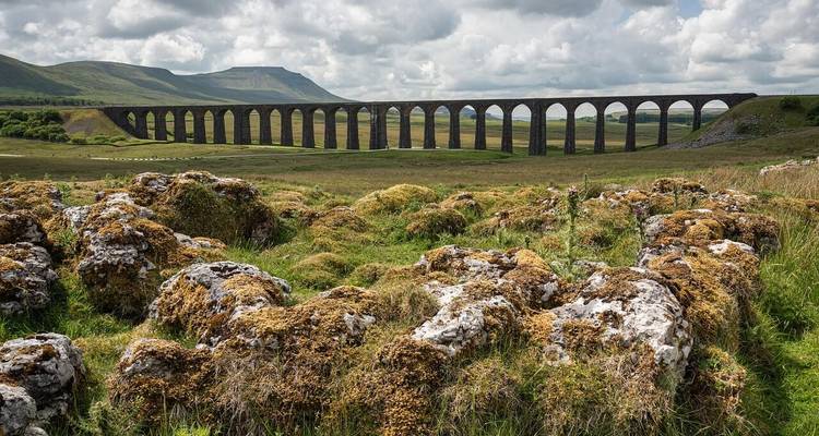 Malerischer Viadukt, der sich über eine hügelige Landschaft erstreckt.