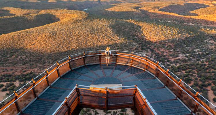 Visitor stands on the dramatic skywalk platform high above a rugged desert gorge at dusk.