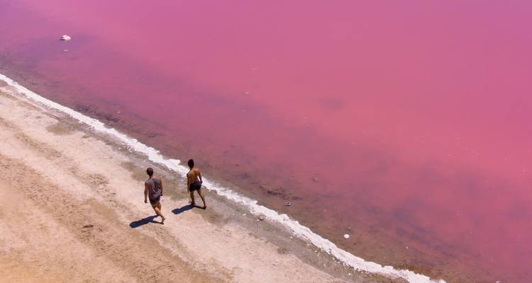 Aerial view of two people walking beside the vibrant pink waters of a salt lake shoreline.