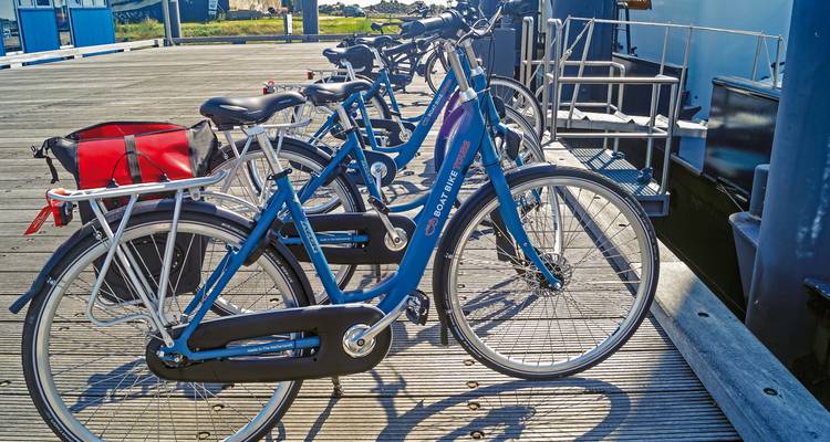 Fahrräder, die auf einem Holzdeck neben einem Schiff geparkt sind