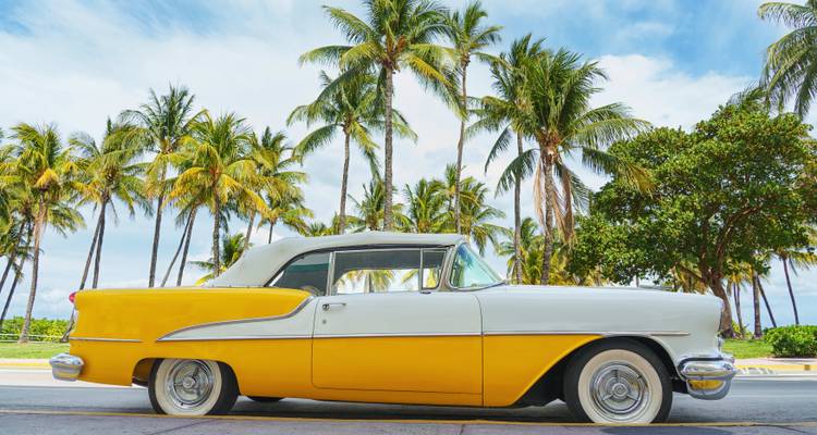 Een klassieke gele en witte auto geparkeerd voor palmbomen.