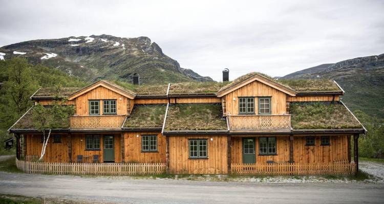 Cabane rustique avec un toit vert située dans un paysage montagneux.