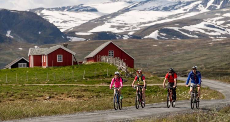 Groupe de cyclistes passant devant des cabanes rouges traditionnelles.