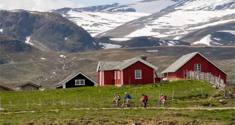 Cyclistes le long de maisons traditionnelles et vue montagneuse.