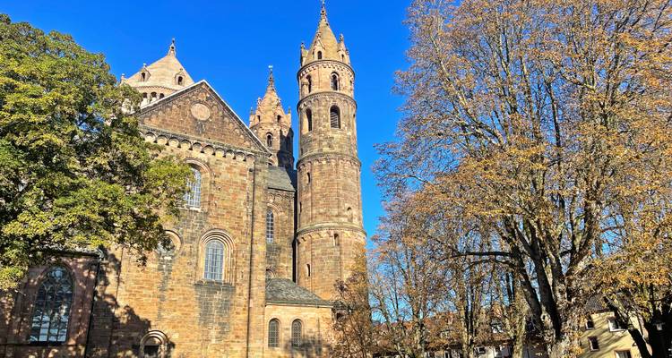 Historische Romaanse kathedraal met hoge torens omlijst door herfstbomen tegen heldere blauwe hemel