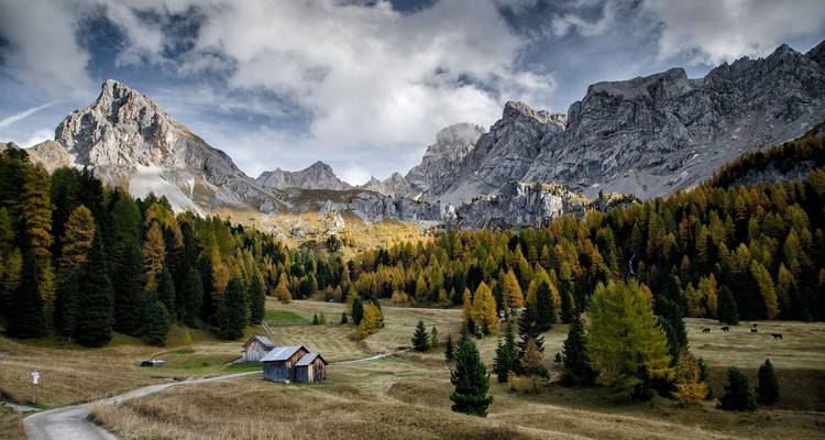 Dramatic landscape with mountains, forest, and a rustic cabin in the foreground.