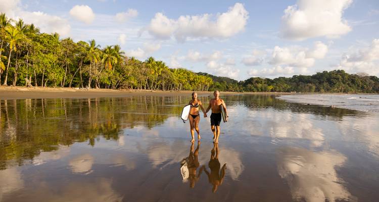 Couple walking on a sandy beach with palm trees.