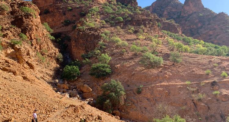 Person hiking in a rocky desert landscape with a small stream.