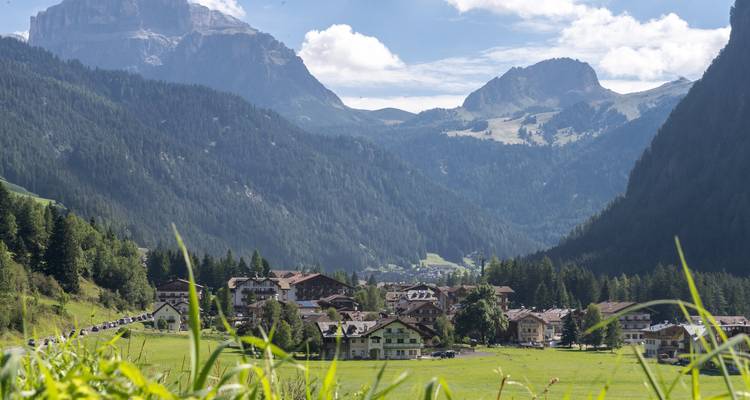 A village in a green valley surrounded by high mountains under a clear sky.