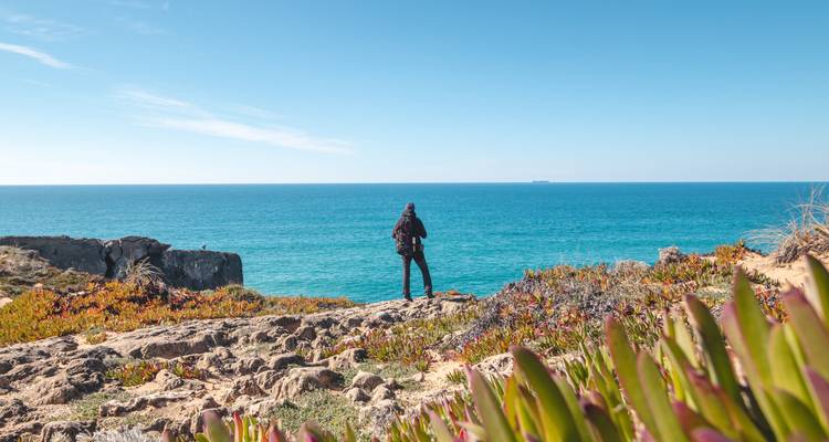 Personne debout au bord d'une falaise surplombant la mer ouverte.