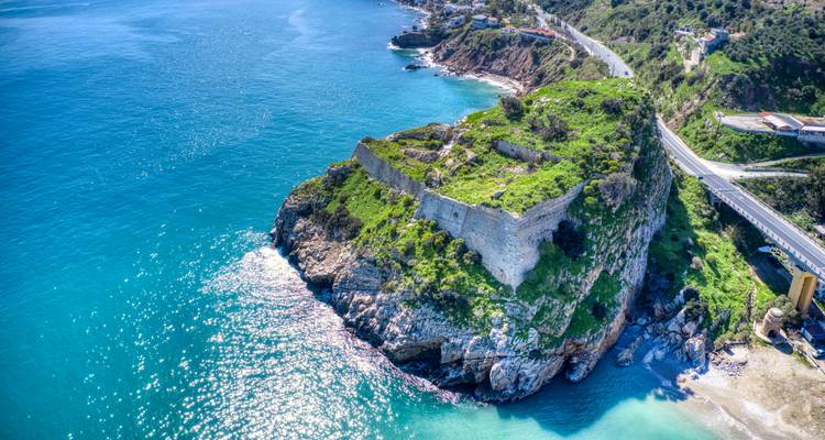 Aerial view of a coastal fortification.