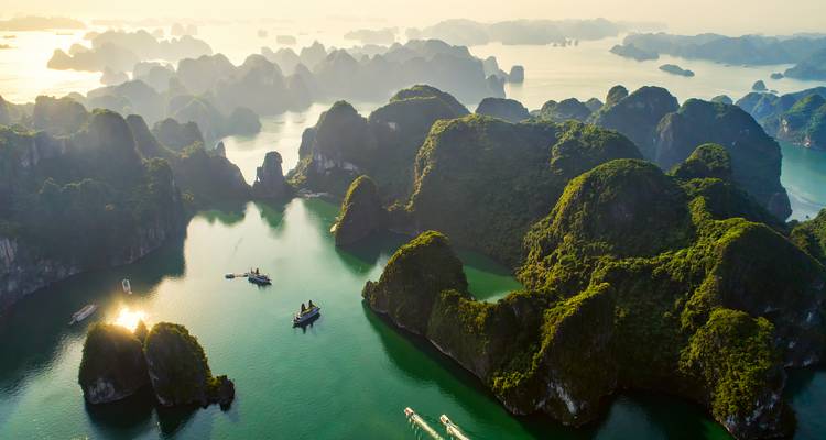 Aerial view of Halong Bay with boats