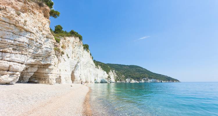 Falaises surplombant une mer bleue claire et une plage.