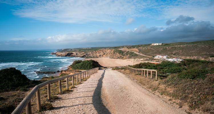 Ein Sandweg, der zu einem Strand mit Wellen führt.