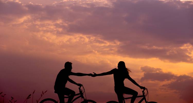 Silhouette of two cyclists holding hands at sunset.
