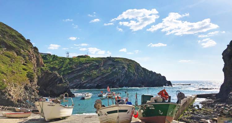 Kleiner Fischerhafen, umrahmt von felsigen grünen Klippen, bunte Boote schaukeln auf funkelndem blauen Wasser unter klarem Himmel.