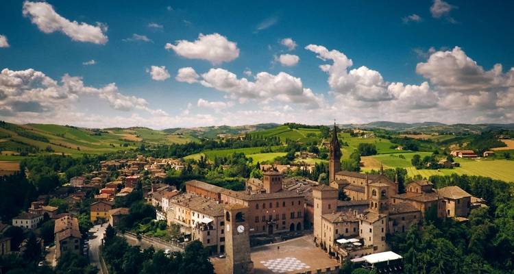 Luftaufnahme eines malerischen Dorfes mit historischen Gebäuden, umgeben von grünen Feldern.