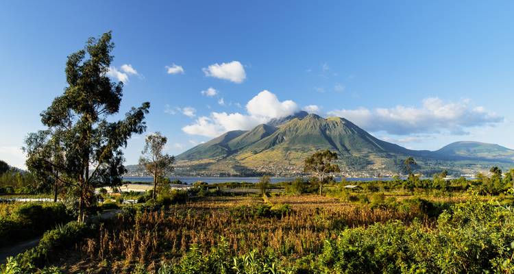 Volcanic landscape with a prominent mountain and surrounding plains.