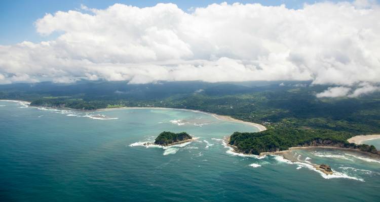 Une vue aérienne d'un littoral avec une végétation luxuriante et des plages.