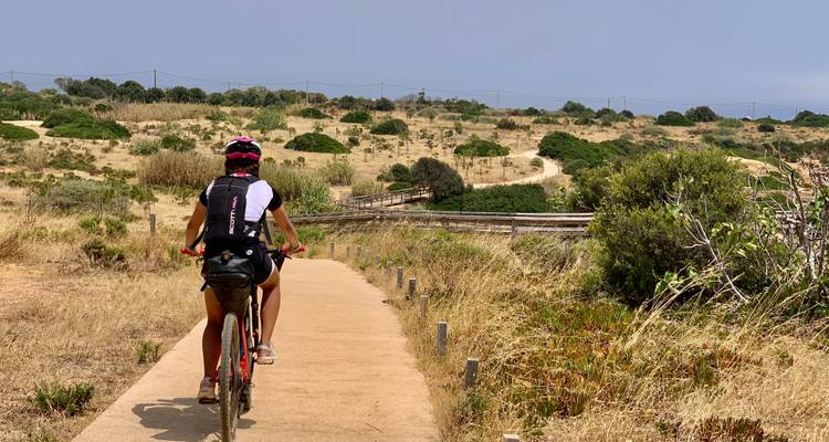 Cycliste sur un chemin à travers un paysage rural et sec.