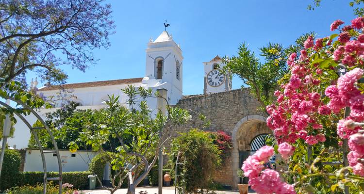 Torres blancas de iglesia y torre de reloj de piedra enmarcadas por flores rosadas florecientes y vegetación exuberante en un día soleado.