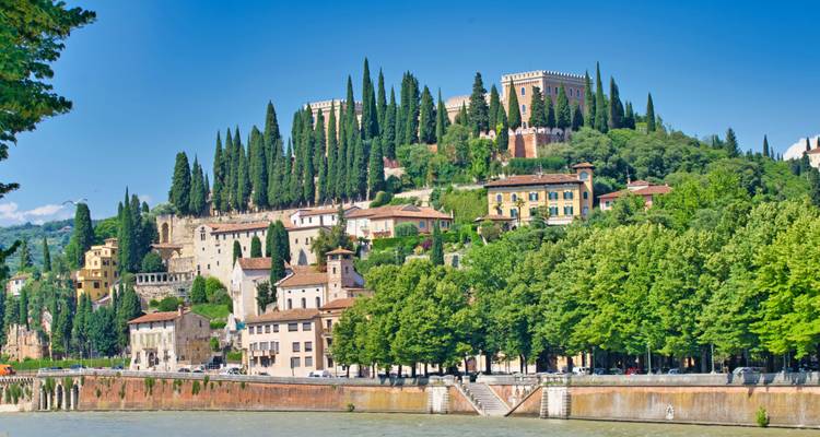 Vue panoramique au bord de la rivière de la colline de Vérone bordée de cyprès et de bâtiments historiques le long de l'Adige.