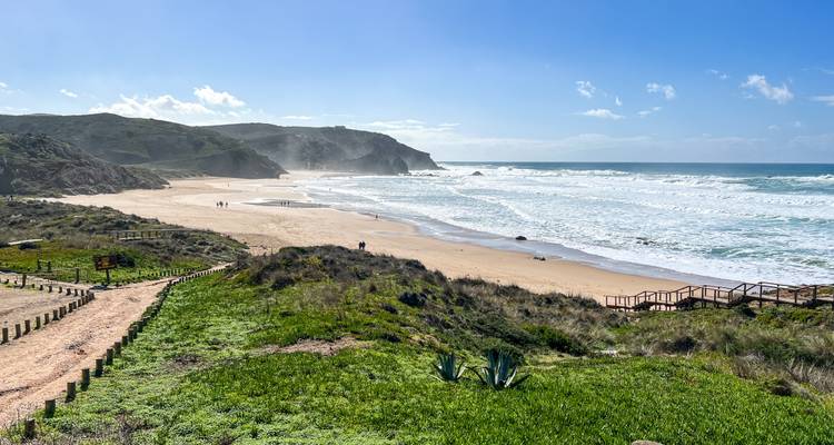 Wind-swept beach with rolling surf and mist drifting from steep green hills.