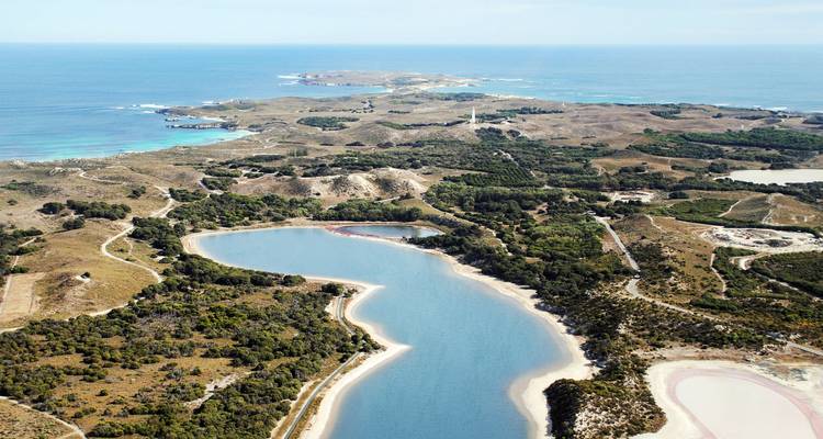 Aerial view of an island with lakes and coastline.