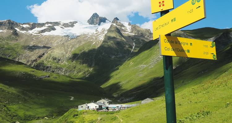 Wegweiser inmitten eines üppig grünen Tales mit schneebedeckten Gipfeln.