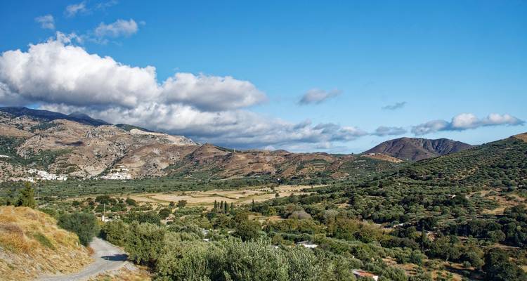 Vallée pittoresque avec des collines ondulantes et des montagnes en arrière-plan.