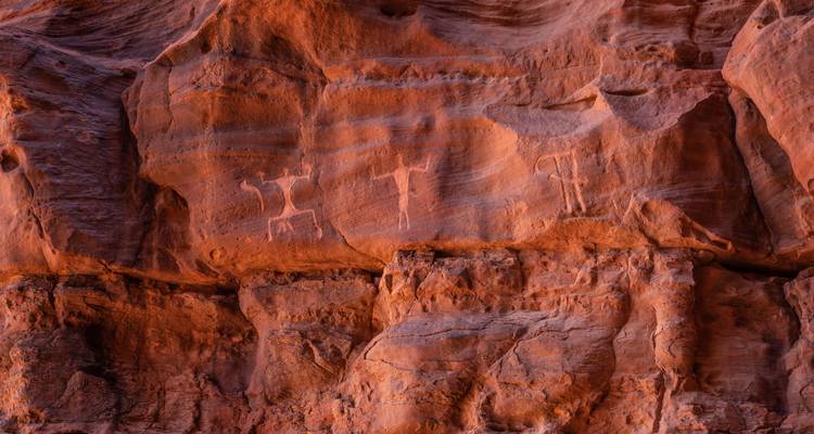 Nahaufnahme von antiken Petroglyphen, die Tiere darstellen und in eine rote Sandsteinwand eingraviert sind.