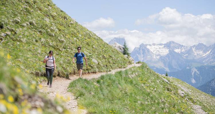 Hikers on a scenic trail surrounded by mountain scenery.