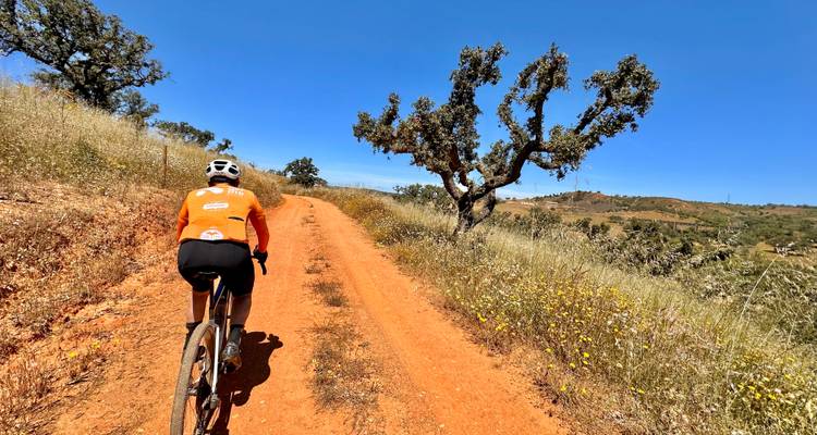 Cyclist on a dirt path surrounded by grassy hills.