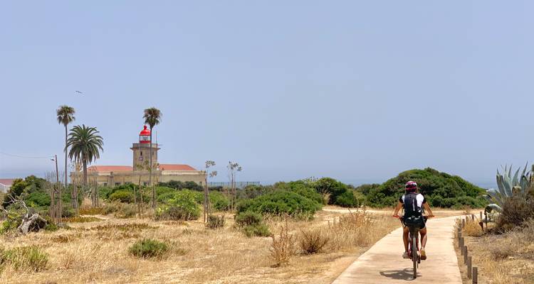 Radfahrer auf einem Weg, der zu einem Leuchtturm am Meer führt.