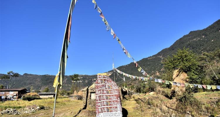 Pierre mani avec drapeaux de prière sur fond de montagne sous un ciel bleu clair.