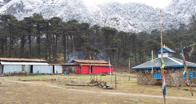 Een kleine nederzetting met kleurrijke huizen tegen een achtergrond van beboste bergen.
