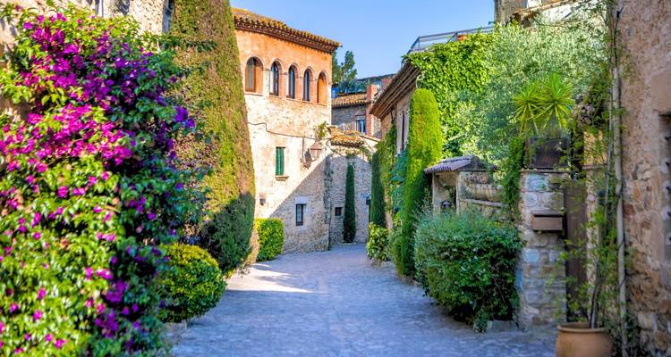 Una calle encantadora en un pueblo medieval con edificios de piedra y vegetación exuberante.